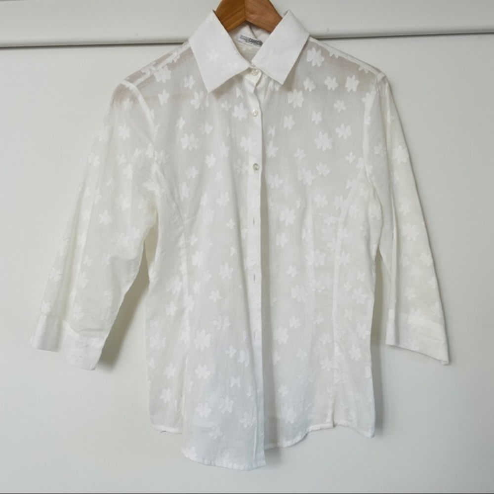 NARACAMICIE White Floral Button Up Blouse 3/4 Sleeve Made in Italy Small